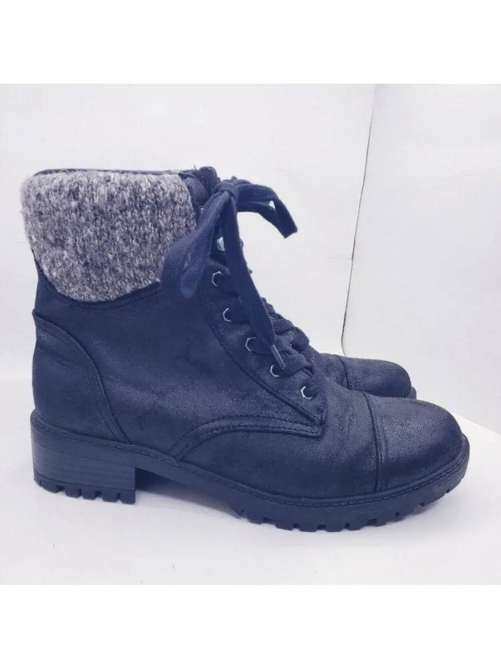 Universal Thread Black Faux Leather Lace Up Boots Knit Sock Trim Womens Size 9.5
